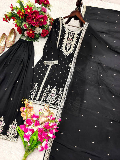 Premium Chinon Silk Top, Plazzo & Dupatta – Multi‑Thread, Sequins & Mirror Diamond Embroidery
