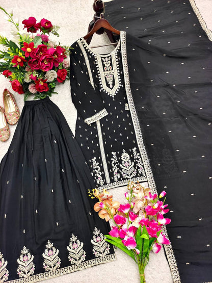 Premium Chinon Silk Top, Plazzo & Dupatta – Multi‑Thread, Sequins & Mirror Diamond Embroidery