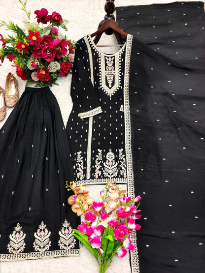 Premium Chinon Silk Top, Plazzo & Dupatta – Multi‑Thread, Sequins & Mirror Diamond Embroidery
