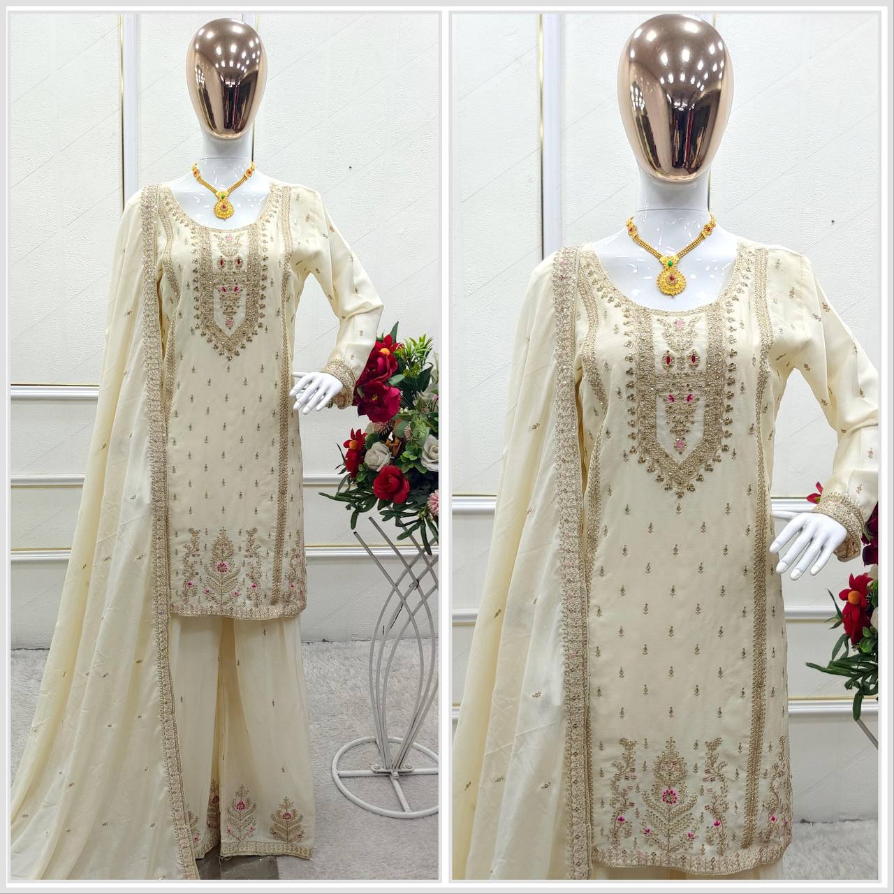 Premium Chinon Silk Top, Plazzo & Dupatta – Multi‑Thread, Sequins & Mirror Diamond Embroidery
