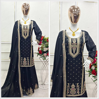 Premium Chinon Silk Top, Plazzo & Dupatta – Multi‑Thread, Sequins & Mirror Diamond Embroidery