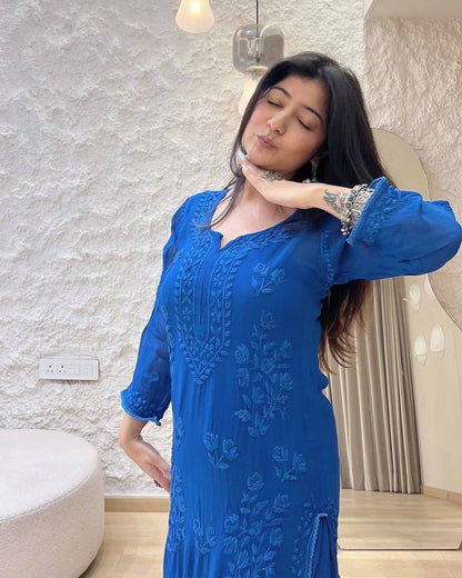 Premium Georgette Long Kurti & Plazzo – Thread Embroidery Work