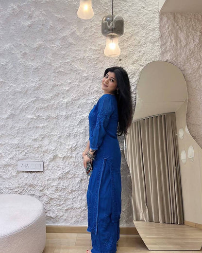 Premium Georgette Long Kurti & Plazzo – Thread Embroidery Work