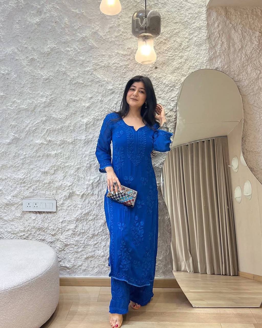 Premium Georgette Long Kurti & Plazzo – Thread Embroidery Work