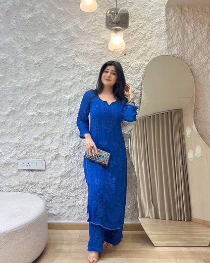 Premium Georgette Long Kurti & Plazzo – Thread Embroidery Work