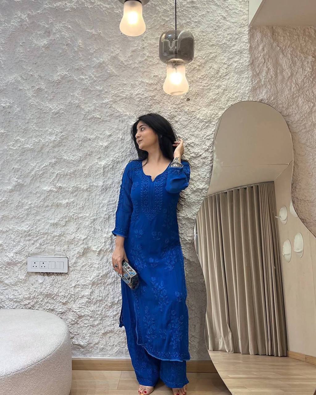 Premium Georgette Long Kurti & Plazzo – Thread Embroidery Work