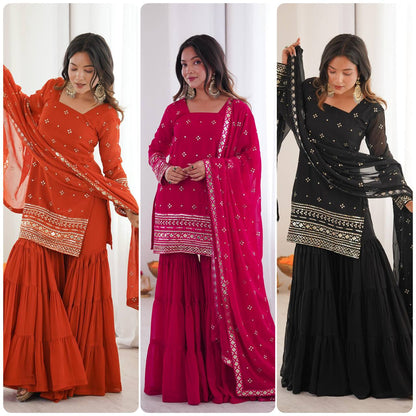 Premium Heavy Georgette Top, Ruffle Sharara & Dupatta – Sequins Embroidery