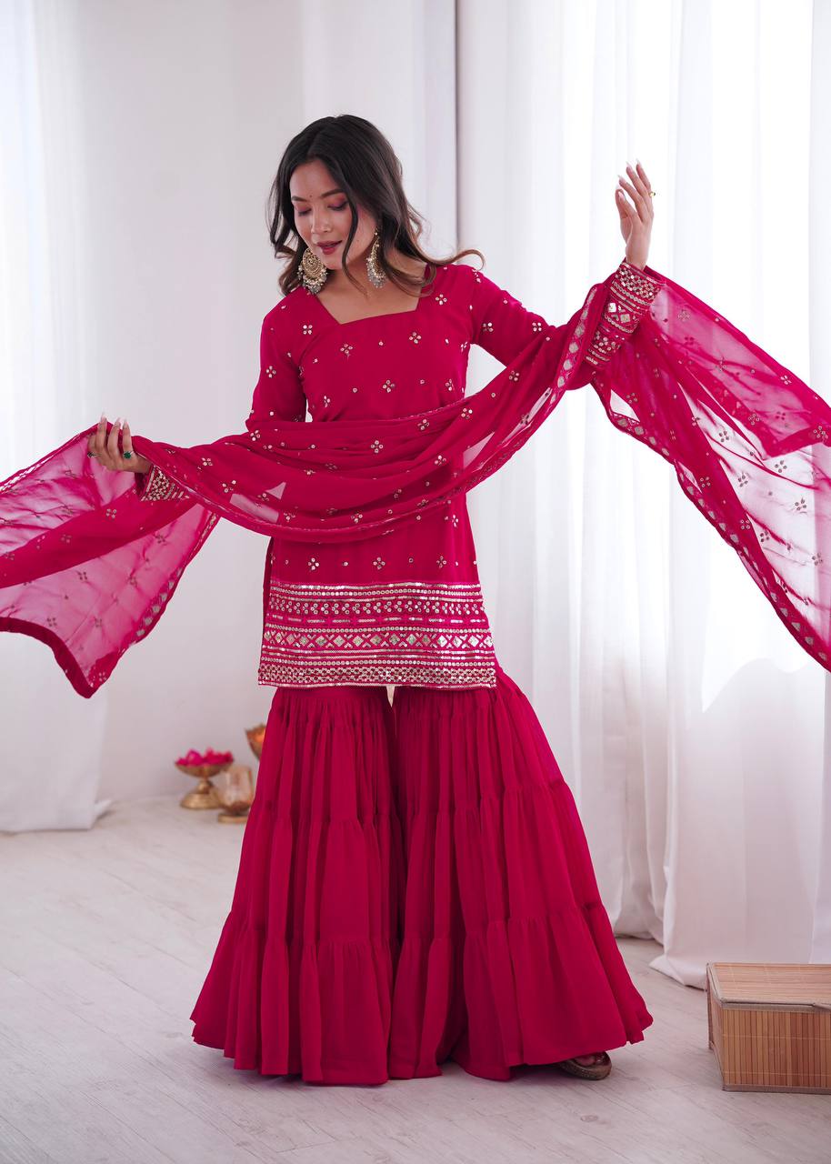 Premium Heavy Georgette Top, Ruffle Sharara & Dupatta – Sequins Embroidery