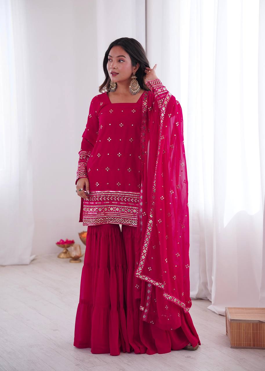 Premium Heavy Georgette Top, Ruffle Sharara & Dupatta – Sequins Embroidery