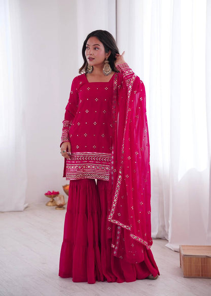 Premium Heavy Georgette Top, Ruffle Sharara & Dupatta – Sequins Embroidery