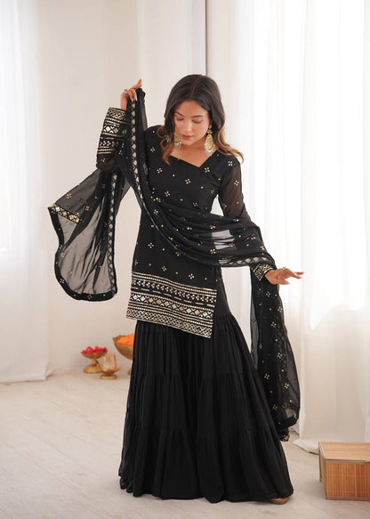 Premium Heavy Georgette Top, Ruffle Sharara & Dupatta – Sequins Embroidery