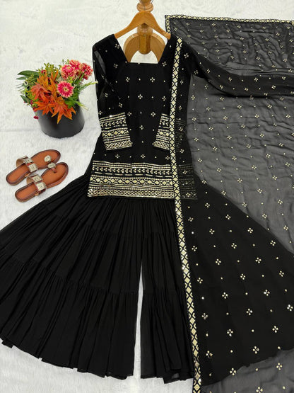 Premium Heavy Georgette Top, Ruffle Sharara & Dupatta – Sequins Embroidery