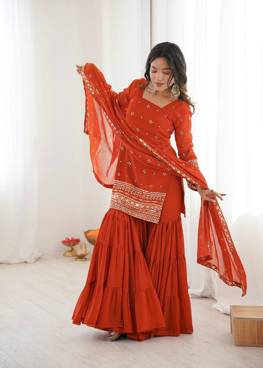 Premium Heavy Georgette Top, Ruffle Sharara & Dupatta – Sequins Embroidery