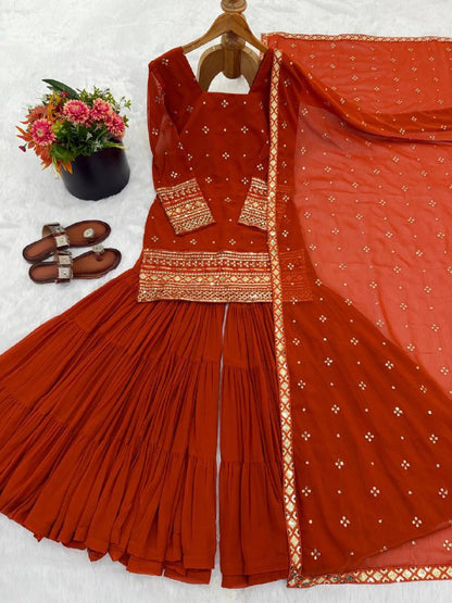 Premium Heavy Georgette Top, Ruffle Sharara & Dupatta – Sequins Embroidery