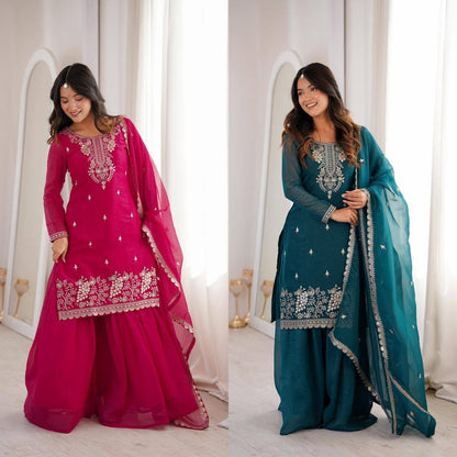 Premium Crunchy Silk Top, Sharara & Dupatta – Sequins, Thread & Zari Embroidery