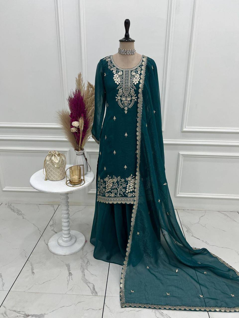 Premium Crunchy Silk Top, Sharara & Dupatta – Sequins, Thread & Zari Embroidery