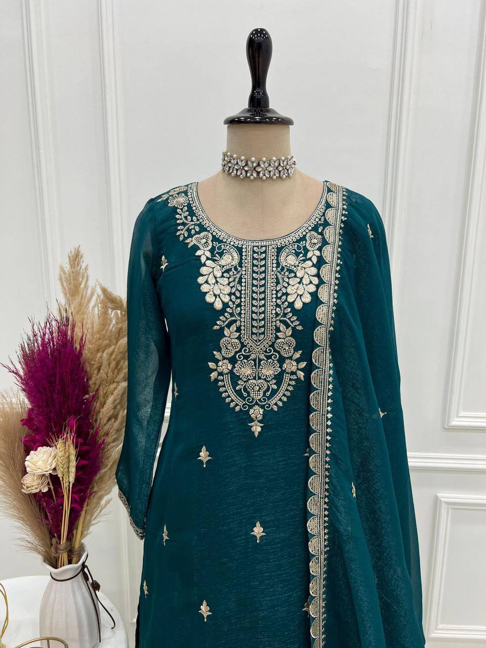 Premium Crunchy Silk Top, Sharara & Dupatta – Sequins, Thread & Zari Embroidery