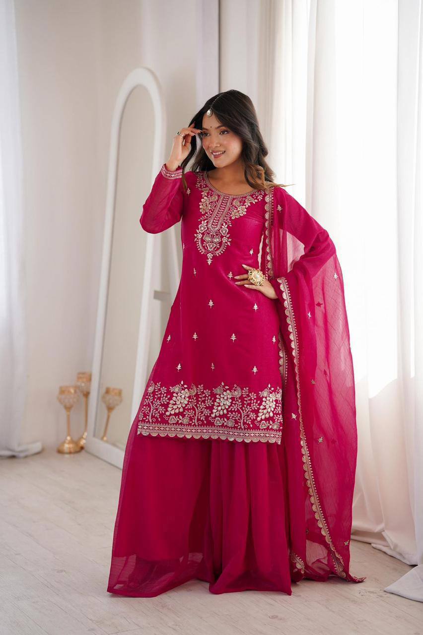 Premium Crunchy Silk Top, Sharara & Dupatta – Sequins, Thread & Zari Embroidery