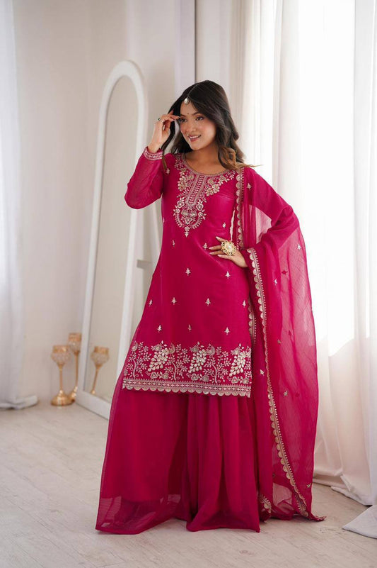 Premium Crunchy Silk Top, Sharara & Dupatta – Sequins, Thread & Zari Embroidery