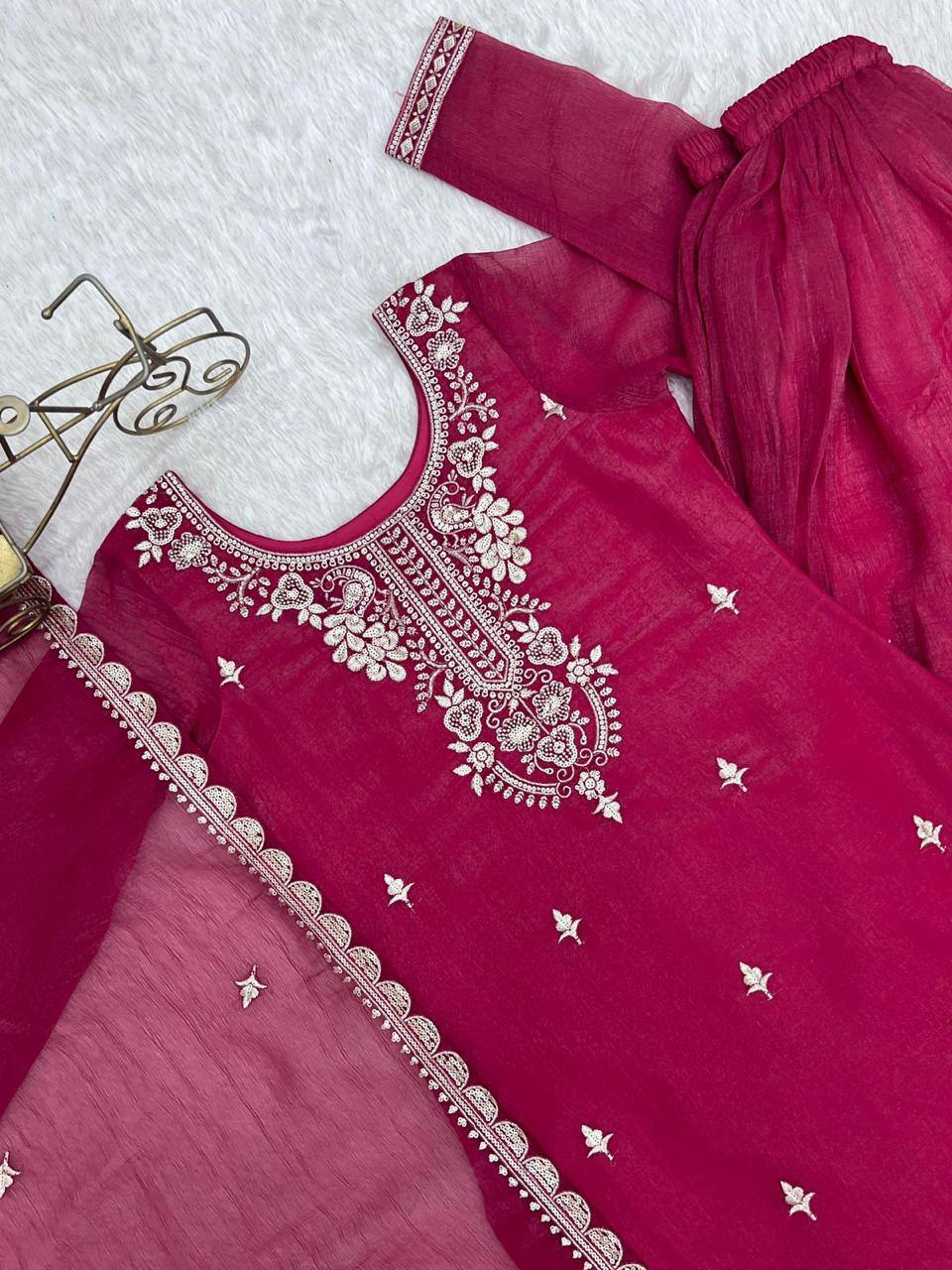 Premium Crunchy Silk Top, Sharara & Dupatta – Sequins, Thread & Zari Embroidery