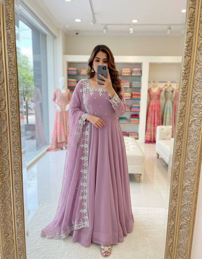 Premium Fox Georgette Anarkali Gown, Pant & Dupatta – Heavy Sequins Embroidery