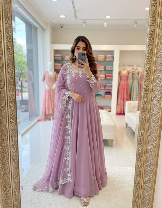 Premium Fox Georgette Anarkali Gown, Pant & Dupatta – Heavy Sequins Embroidery