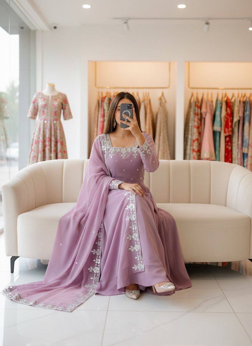 Premium Fox Georgette Anarkali Gown, Pant & Dupatta – Heavy Sequins Embroidery