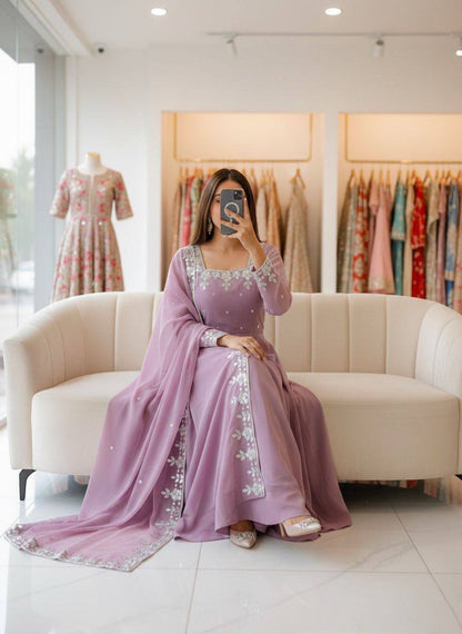 Premium Fox Georgette Anarkali Gown, Pant & Dupatta – Heavy Sequins Embroidery