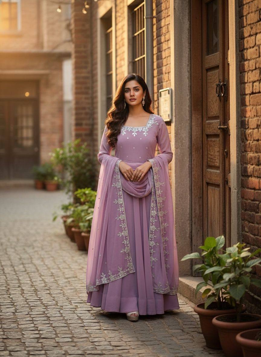 Premium Fox Georgette Anarkali Gown, Pant & Dupatta – Heavy Sequins Embroidery