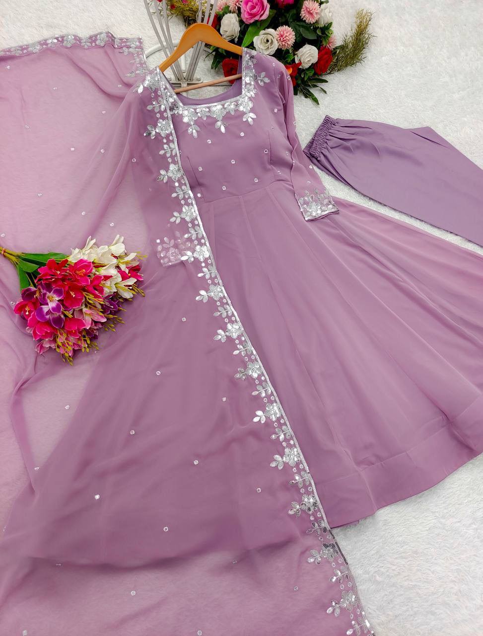 Premium Fox Georgette Anarkali Gown, Pant & Dupatta – Heavy Sequins Embroidery