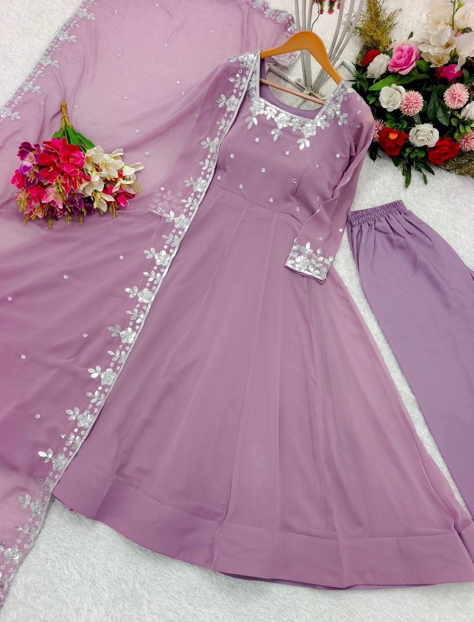 Premium Fox Georgette Anarkali Gown, Pant & Dupatta – Heavy Sequins Embroidery