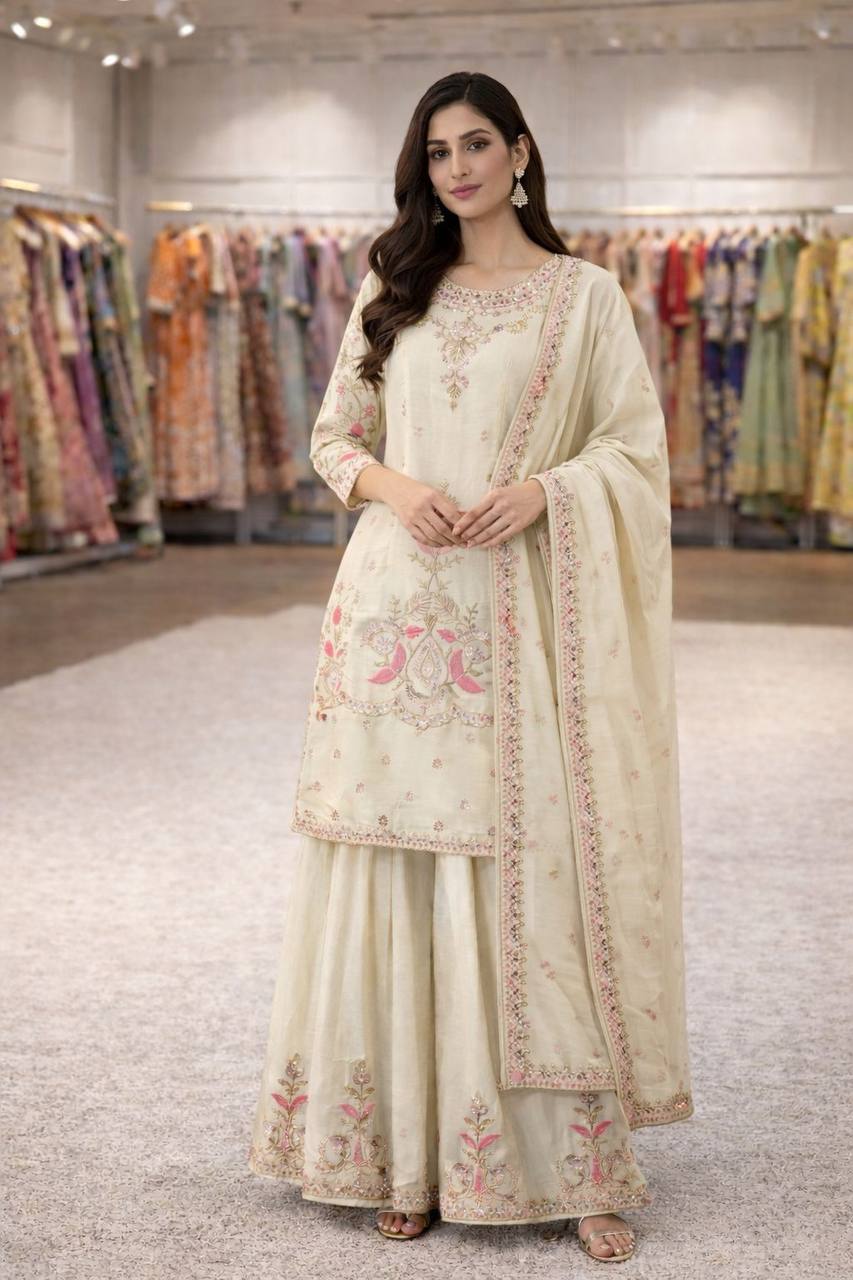 Premium Chinon Silk Top, Plazzo & Dupatta – Thread & Sequins Embroidery