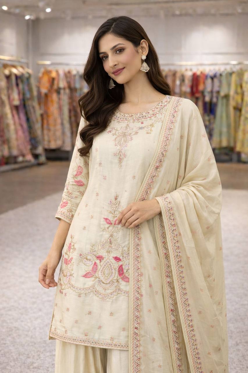 Premium Chinon Silk Top, Plazzo & Dupatta – Thread & Sequins Embroidery
