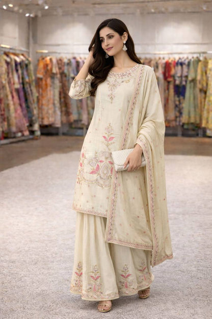 Premium Chinon Silk Top, Plazzo & Dupatta – Thread & Sequins Embroidery