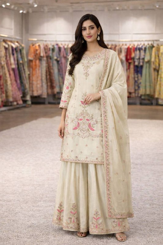 Premium Chinon Silk Top, Plazzo & Dupatta – Thread & Sequins Embroidery