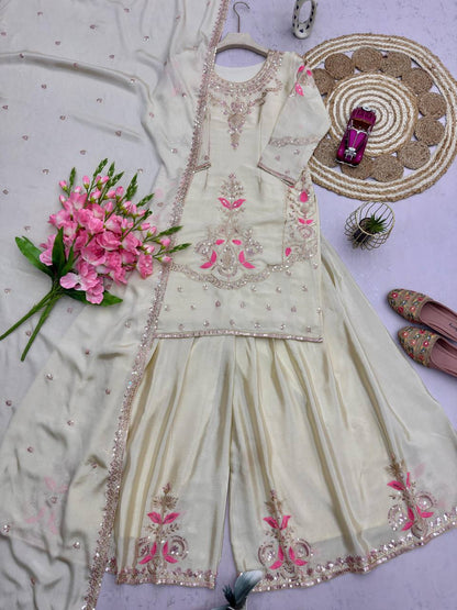 Premium Chinon Silk Top, Plazzo & Dupatta – Thread & Sequins Embroidery