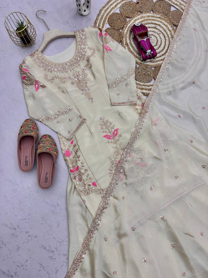 Premium Chinon Silk Top, Plazzo & Dupatta – Thread & Sequins Embroidery