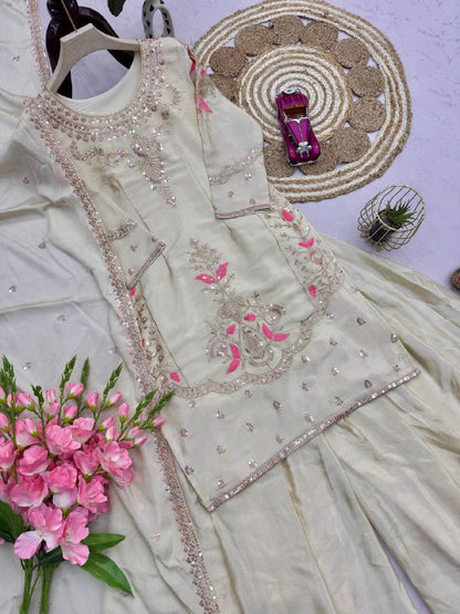 Premium Chinon Silk Top, Plazzo & Dupatta – Thread & Sequins Embroidery