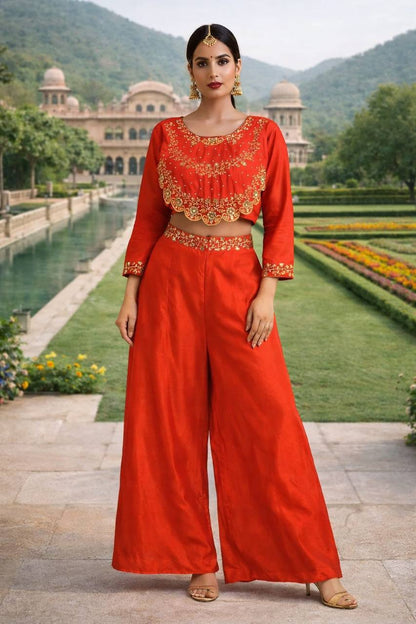 Premium Chinnon Silk Top & Plazzo – Multi‑Thread, Sequins & Pearl Moti Embroidery