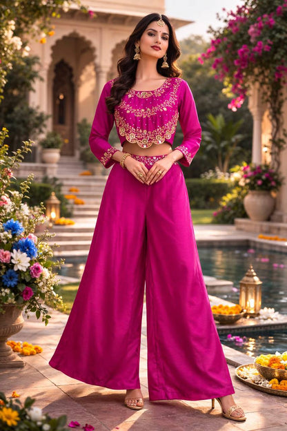 Premium Chinnon Silk Top & Plazzo – Multi‑Thread, Sequins & Pearl Moti Embroidery