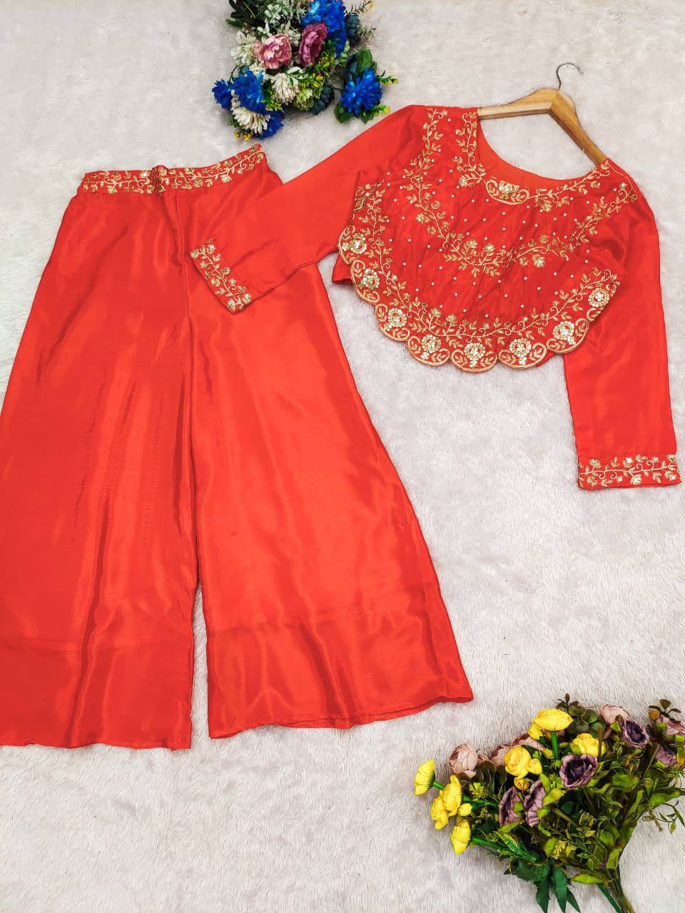 Premium Chinnon Silk Top & Plazzo – Multi‑Thread, Sequins & Pearl Moti Embroidery