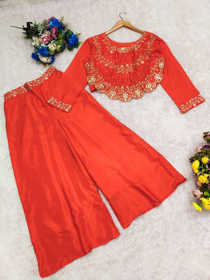 Premium Chinnon Silk Top & Plazzo – Multi‑Thread, Sequins & Pearl Moti Embroidery