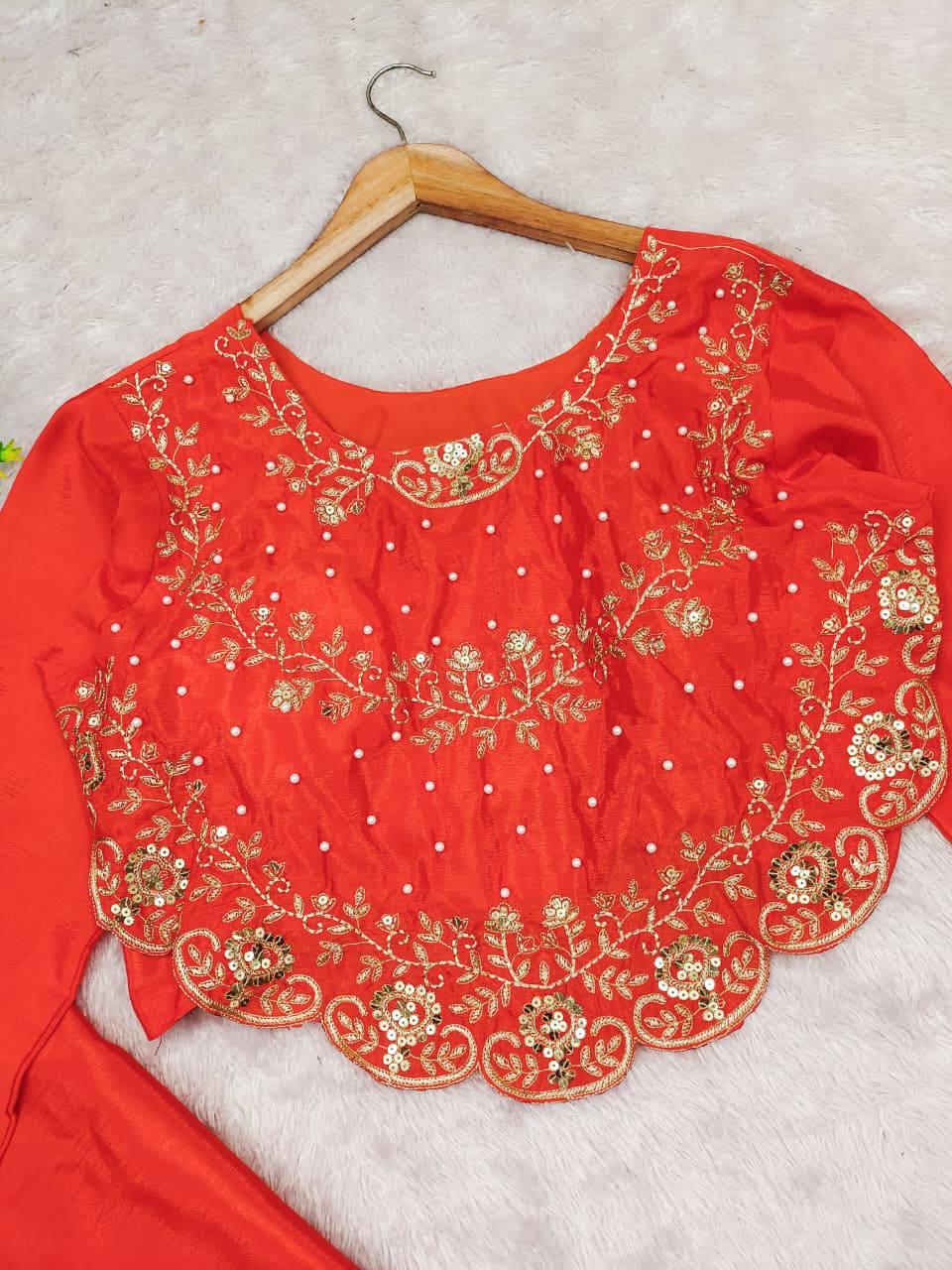 Premium Chinnon Silk Top & Plazzo – Multi‑Thread, Sequins & Pearl Moti Embroidery
