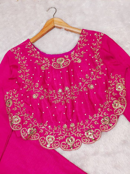 Premium Chinnon Silk Top & Plazzo – Multi‑Thread, Sequins & Pearl Moti Embroidery