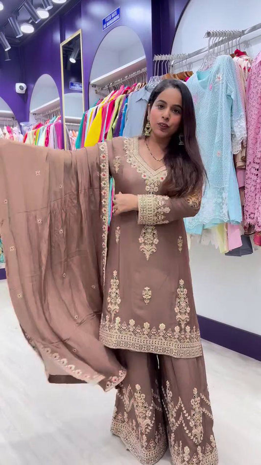 Premium Chinon Silk Top, Plazzo & Dupatta – Heavy Sequins Embroidery
