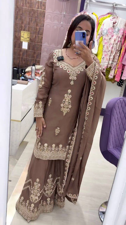 Premium Chinon Silk Top, Plazzo & Dupatta – Heavy Sequins Embroidery