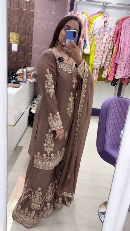 Premium Chinon Silk Top, Plazzo & Dupatta – Heavy Sequins Embroidery