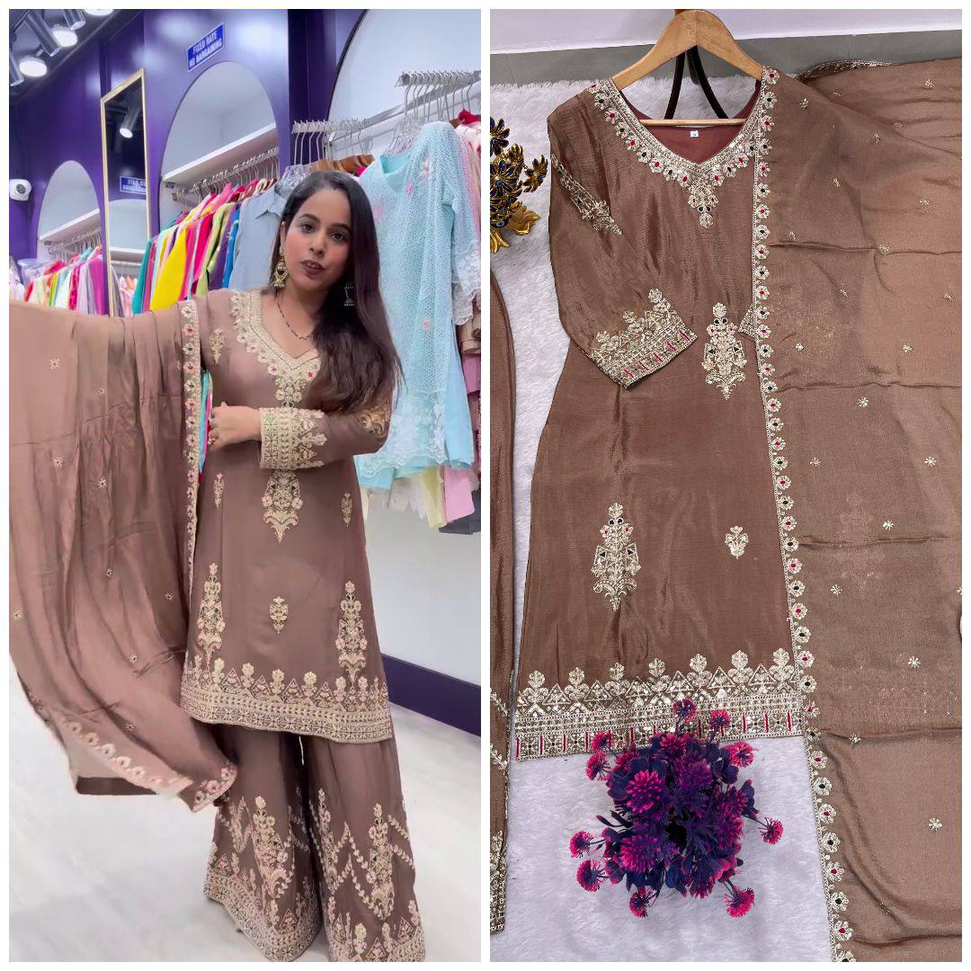 Premium Chinon Silk Top, Plazzo & Dupatta – Heavy Sequins Embroidery
