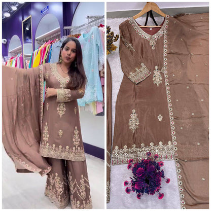 Premium Chinon Silk Top, Plazzo & Dupatta – Heavy Sequins Embroidery