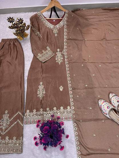 Premium Chinon Silk Top, Plazzo & Dupatta – Heavy Sequins Embroidery